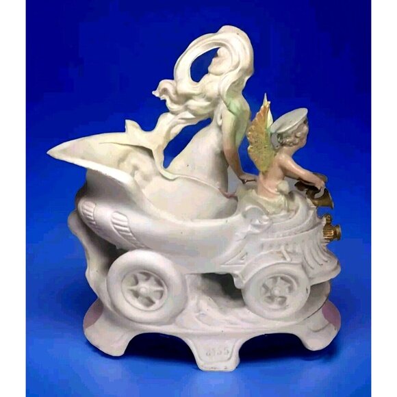 Antique  c1900 Cherub Angel Chauffeur Driving Woman Goddess Vintage Car Figurine - Picture 6 of 16